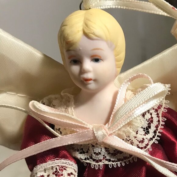 Angel Ornaments Set Of 3 With Deep Wine Lace Dresses & Satin Wings Ceramic Vtg - Picture 8 of 16
